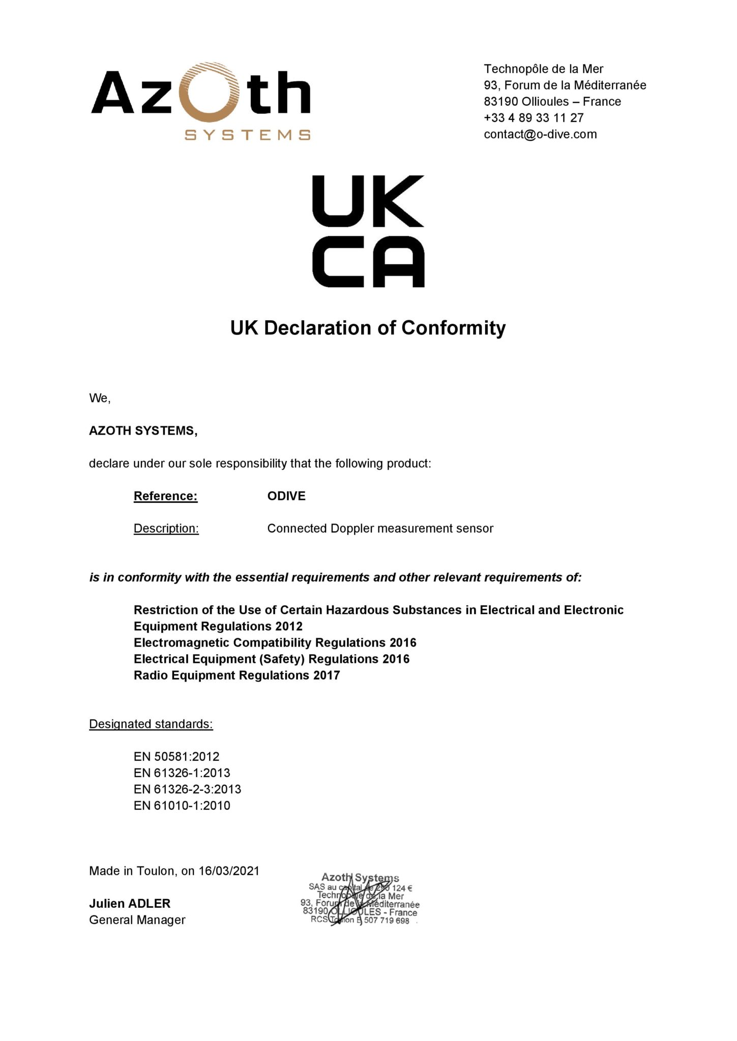 Declarations of conformity O'Dive